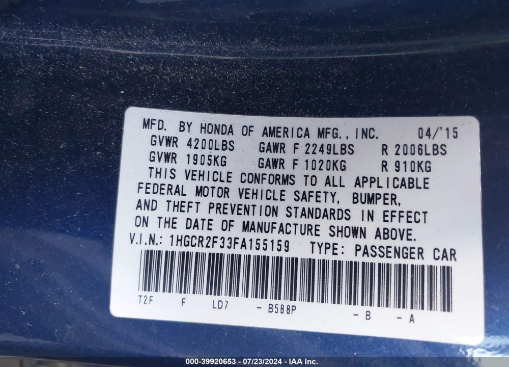 2015 HONDA ACCORD LX VIN: 1HGCR2F33FA155159