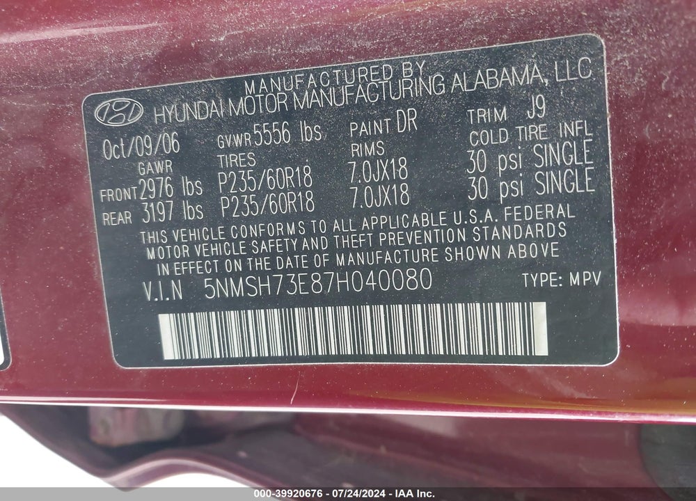 2007 HYUNDAI SANTA FE LIMITED/SE VIN: 5NMSH73E87H040080