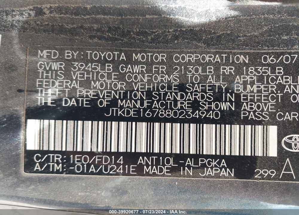 2008 SCION TC VIN: JTKDE167880234940
