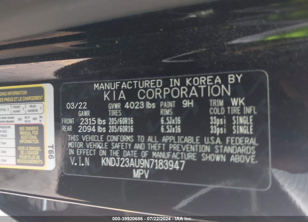 2022 KIA SOUL LX VIN: KNDJ23AU9N7183947