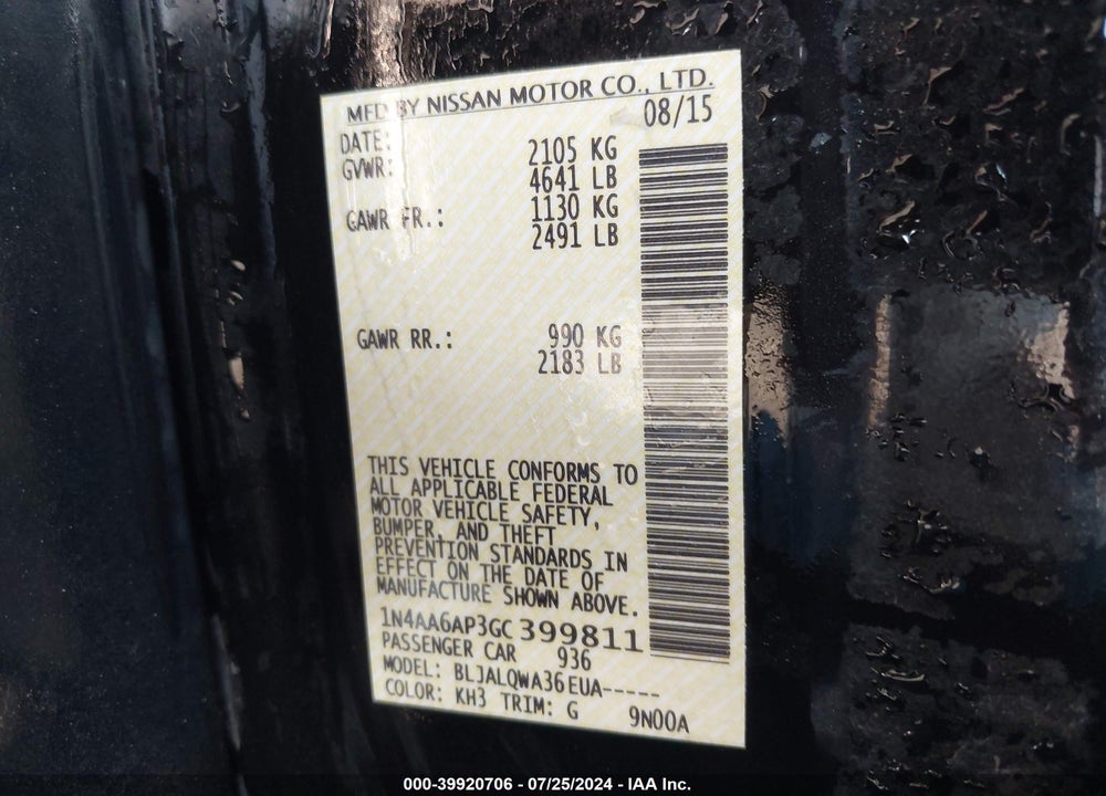 2016 NISSAN MAXIMA 3.5 S VIN: 1N4AA6AP3GC399811