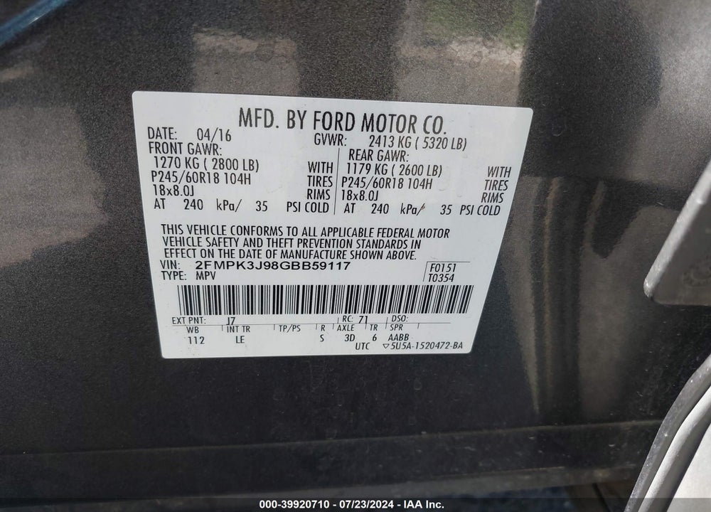 2016 FORD EDGE SEL VIN: 2FMPK3J98GBB59117