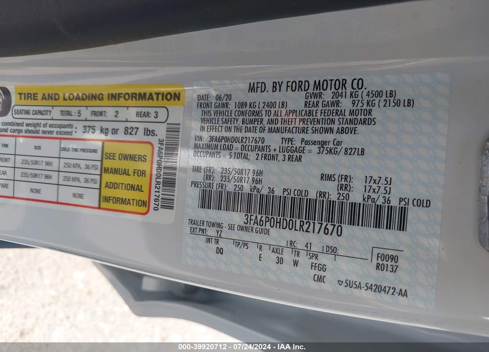 2020 FORD FUSION SE VIN: 3FA6P0HD0LR217670