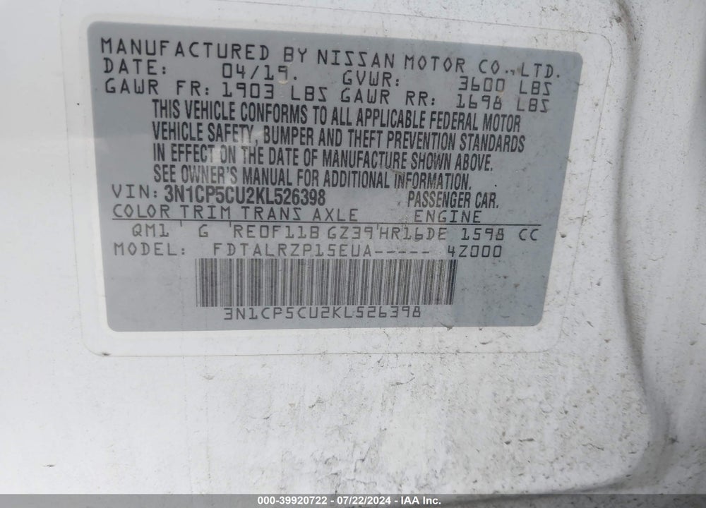 2019 NISSAN KICKS S VIN: 3N1CP5CU2KL526398