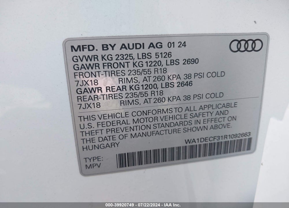 2024 AUDI Q3 PREMIUM 45 TFSI S LINE QUATTRO TIPTRONIC VIN: WA1DECF31R1092663