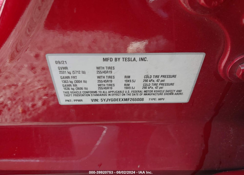 2021 TESLA MODEL Y LONG RANGE DUAL MOTOR ALL-WHEEL DRIVE VIN: 5YJYGDEEXMF265008