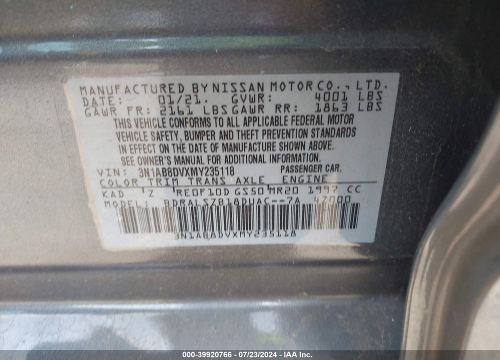 2021 NISSAN SENTRA SR XTRONIC CVT VIN: 3N1AB8DVXMY235118