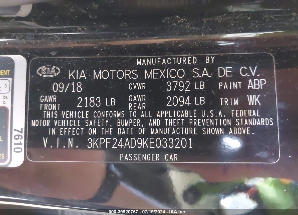 2019 KIA FORTE LXS VIN: 3KPF24AD9KE033201