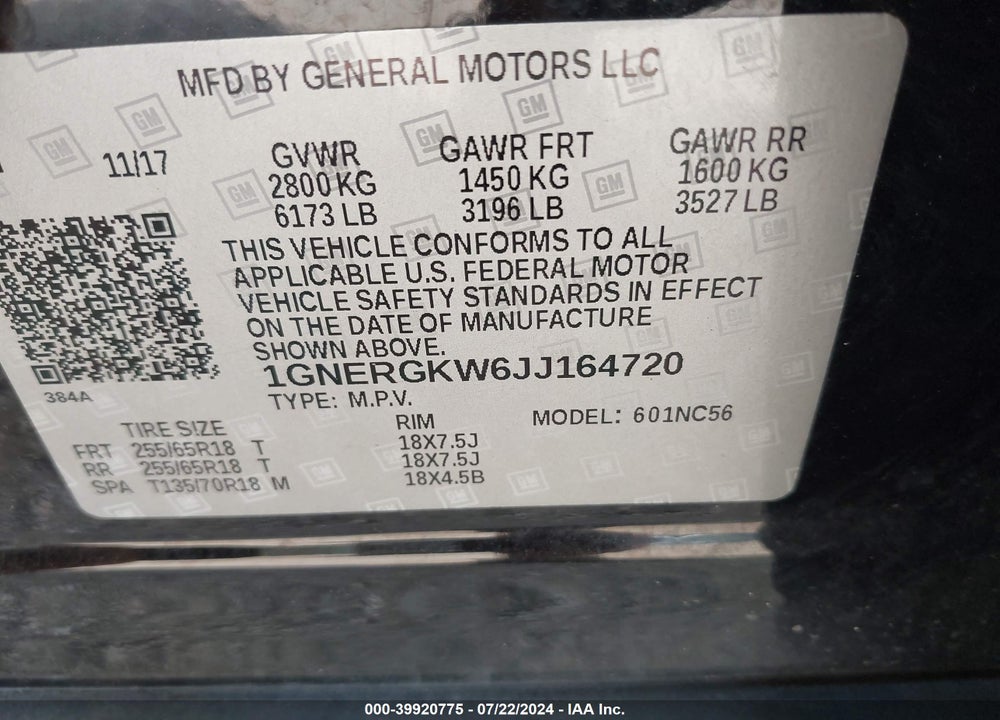 2018 CHEVROLET TRAVERSE 1LT VIN: 1GNERGKW6JJ164720