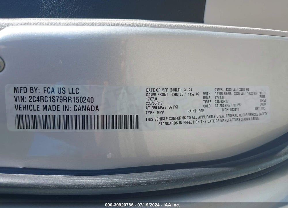2024 CHRYSLER PACIFICA HYBRID SELECT VIN: 2C4RC1S79RR150240