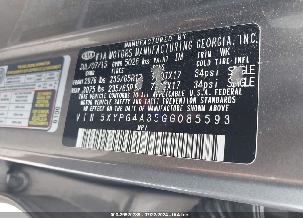 2016 KIA SORENTO 2.4L LX VIN: 5XYPG4A35GG085593
