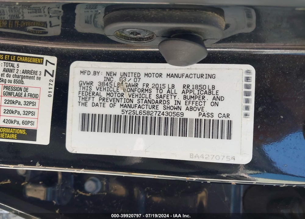 2007 PONTIAC VIBE VIN: 5Y2SL65827Z430569