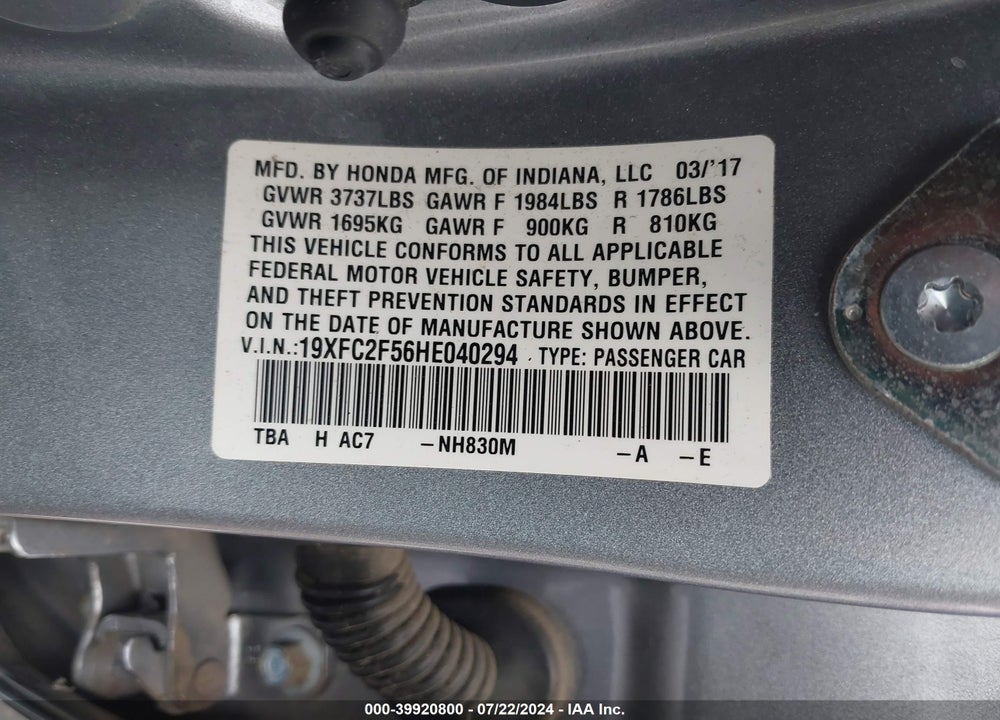 2017 HONDA CIVIC LX VIN: 19XFC2F56HE040294