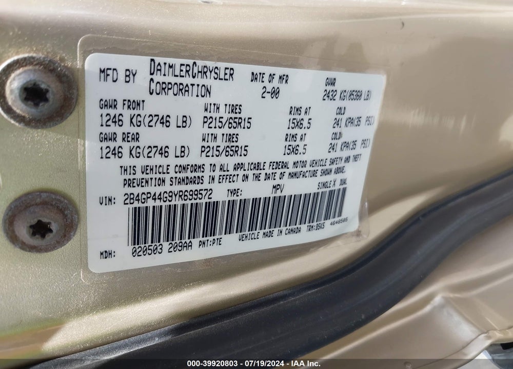 2000 DODGE GRAND CARAVAN SE VIN: 2B4GP44G9YR699572