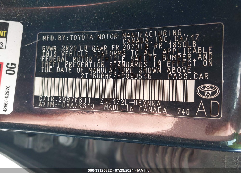 2017 TOYOTA COROLLA LE VIN: 2T1BURHE7HC890516
