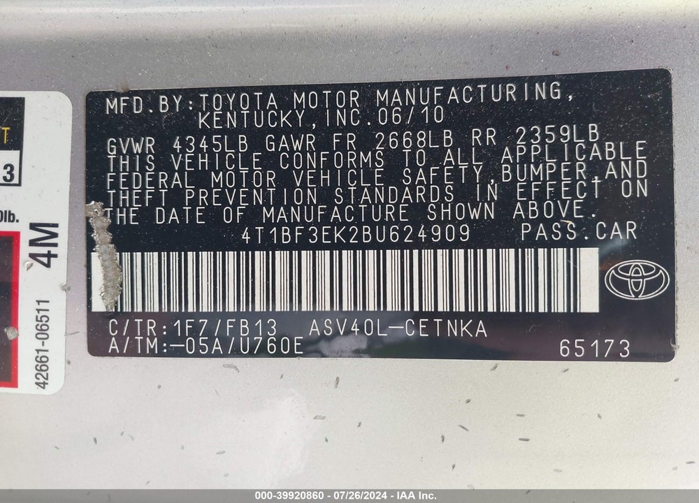 2011 TOYOTA CAMRY LE VIN: 4T1BF3EK2BU624909