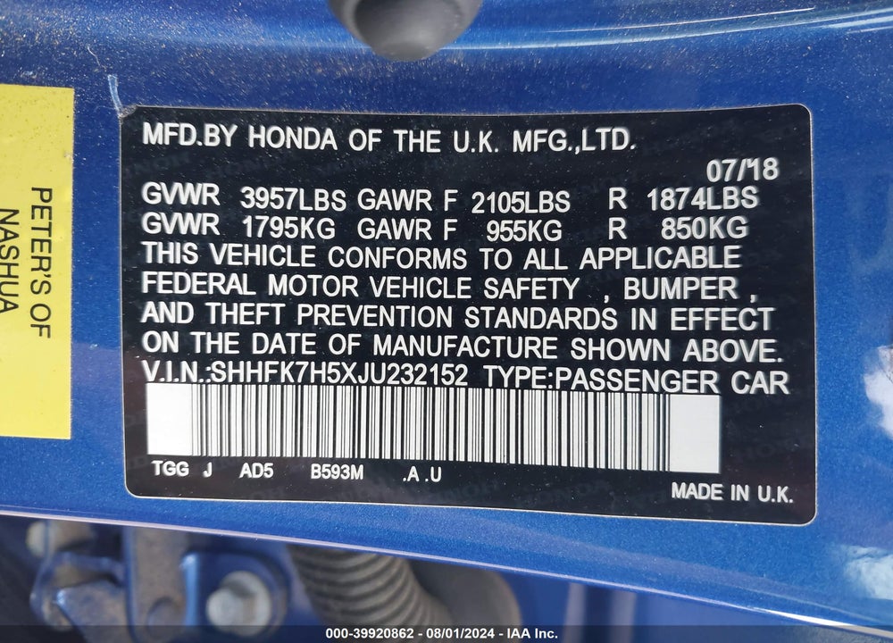2018 HONDA CIVIC EX VIN: SHHFK7H5XJU232152