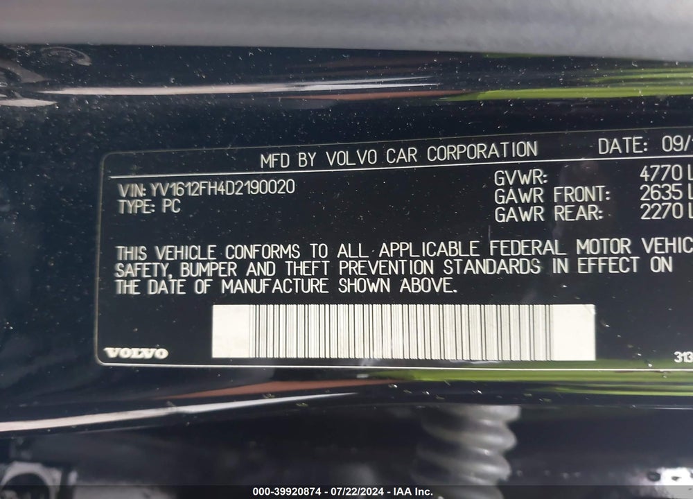 2013 VOLVO S60 T5/T5 PLATINUM/T5 PREMIER/T5 PREMIER PLUS VIN: YV1612FH4D2190020
