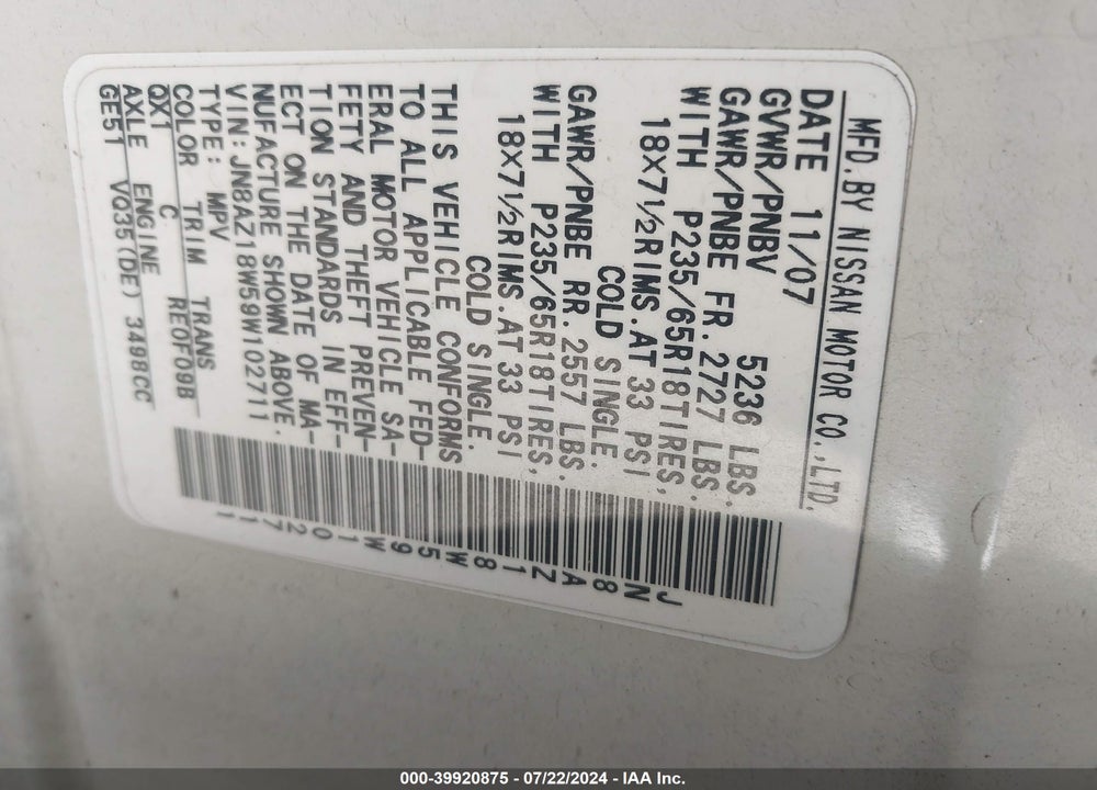 2009 NISSAN MURANO SL VIN: JN8AZ18W59W102711