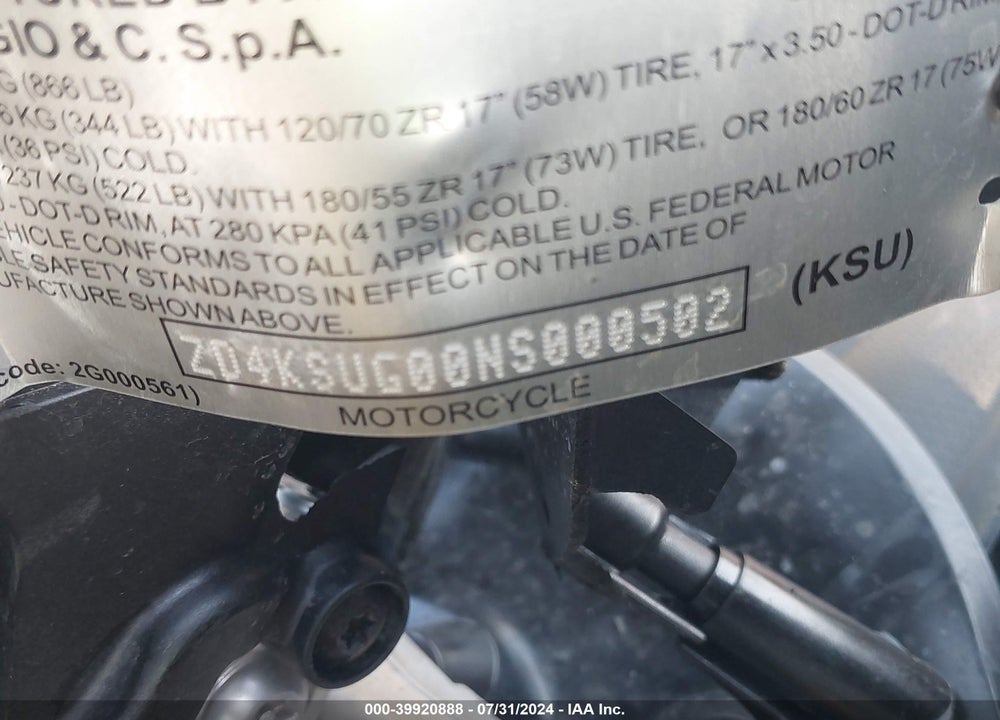 2022 APRILIA RS 660 VIN: ZD4KSUG00NS000502