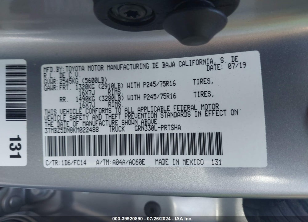 2019 TOYOTA TACOMA VIN: 3TMBZ5DN8KM022488