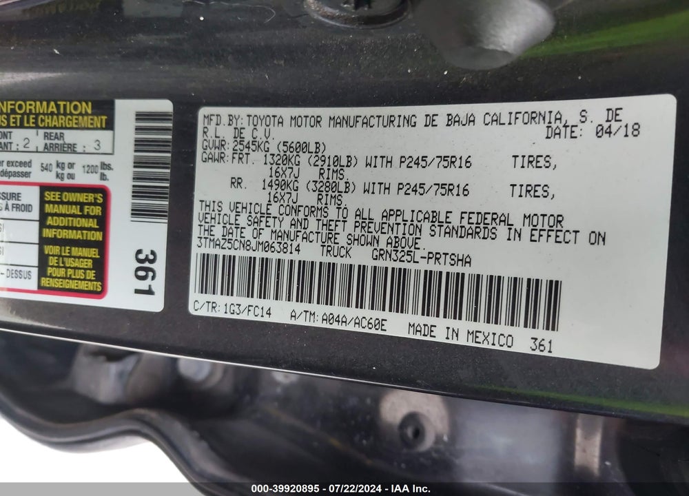 2018 TOYOTA TACOMA SR5 V6 VIN: 3TMAZ5CN8JM063814