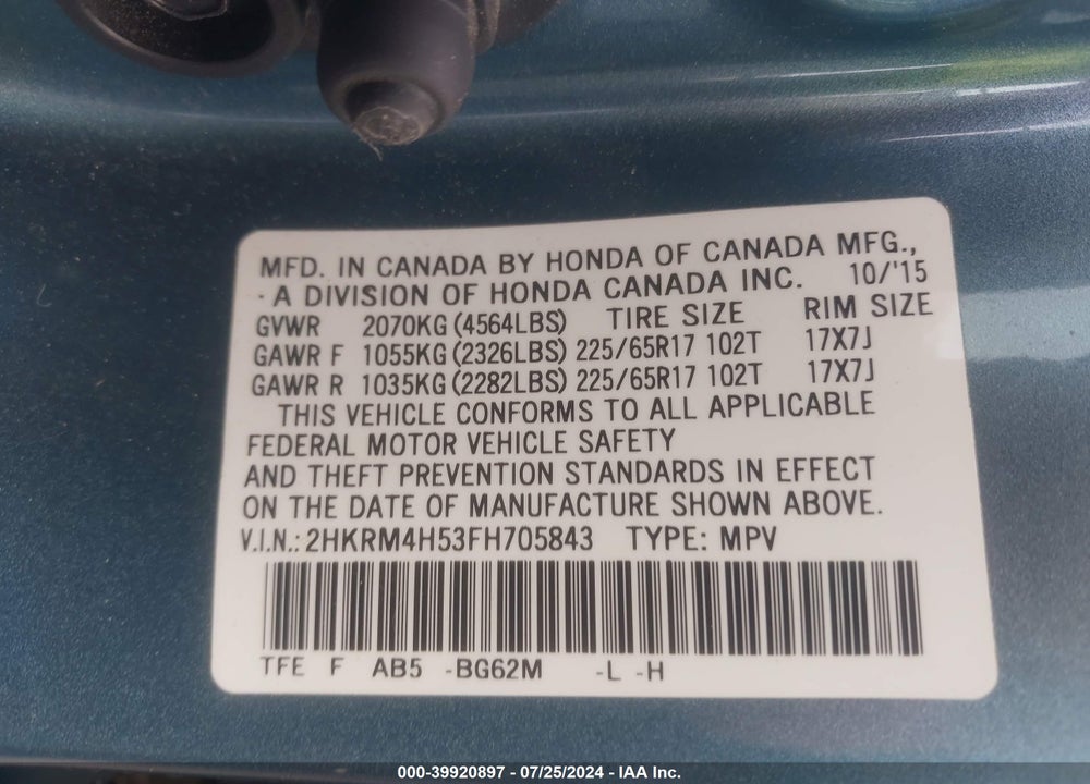2015 HONDA CR-V EX VIN: 2HKRM4H53FH705843