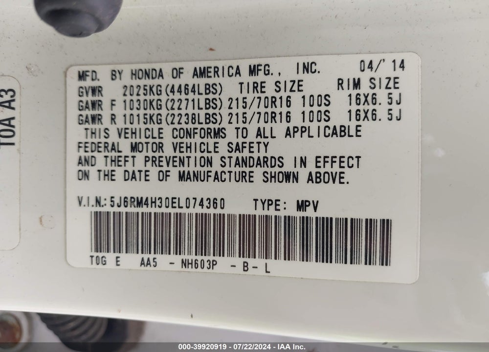 2014 HONDA CR-V LX VIN: 5J6RM4H30EL074360