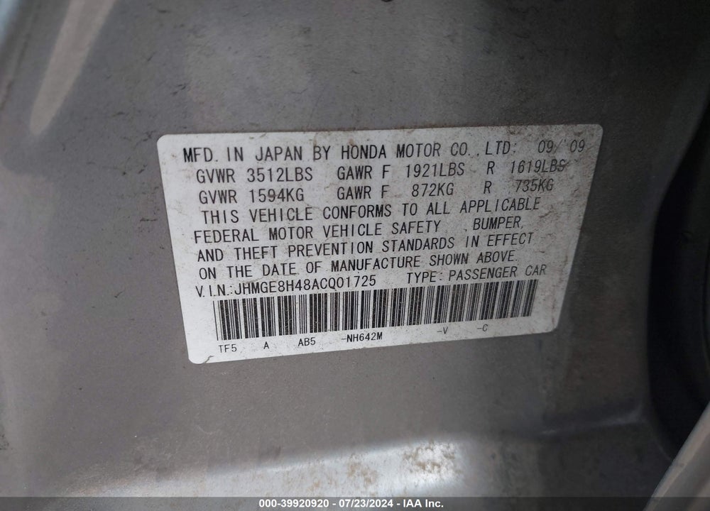 2010 HONDA FIT SPORT VIN: JHMGE8H48AC001725