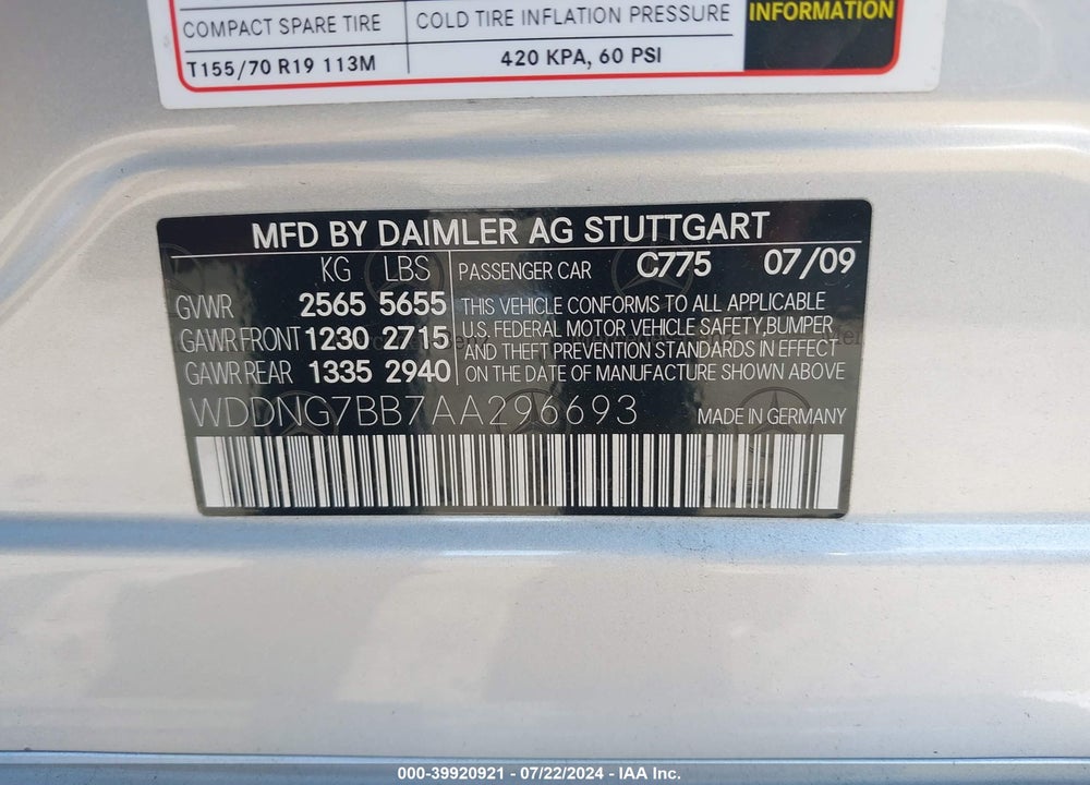 2010 MERCEDES-BENZ S 550 VIN: WDDNG7BB7AA296693