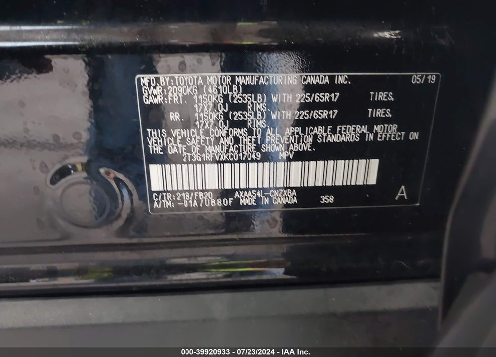 2019 TOYOTA RAV4 LE VIN: 2T3G1RFVXKC017049