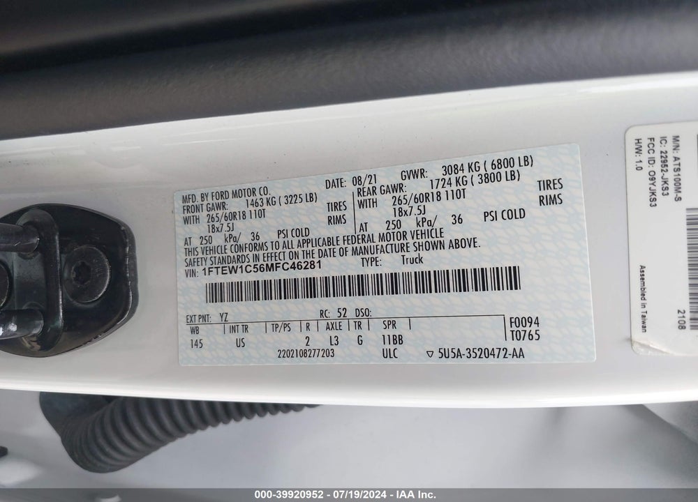 2021 FORD F-150 XLT VIN: 1FTEW1C56MFC46281