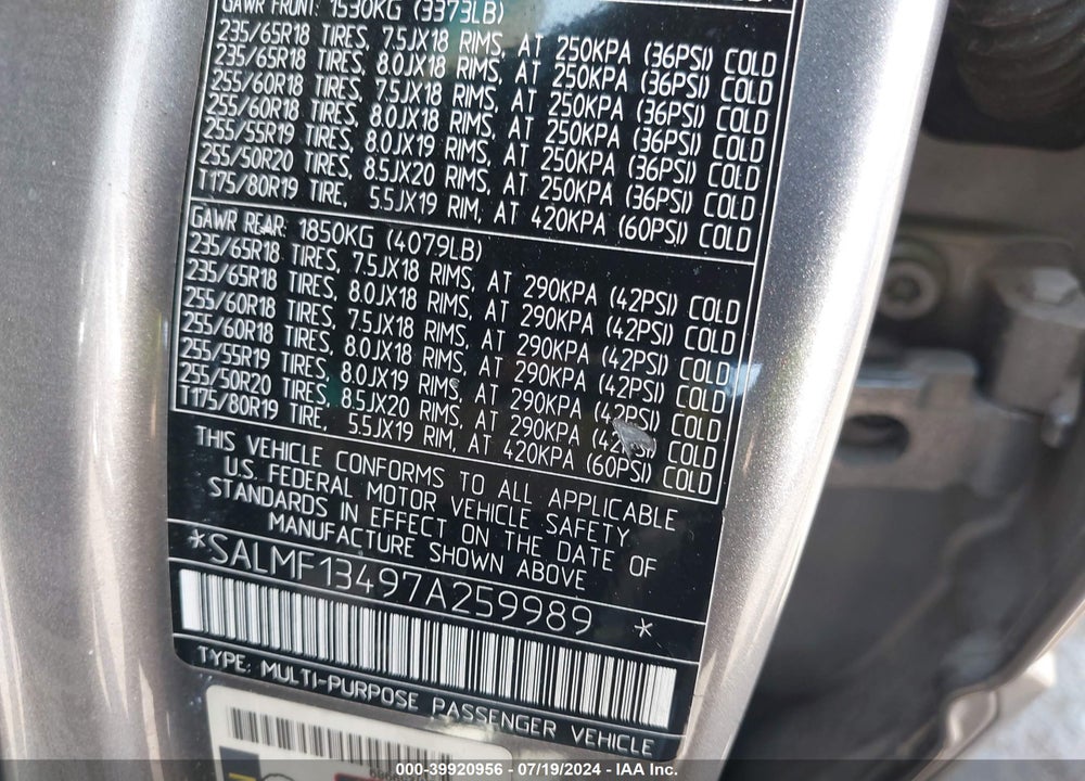 2007 LAND ROVER RANGE ROVER SUPERCHARGED VIN: SALMF13497A259989