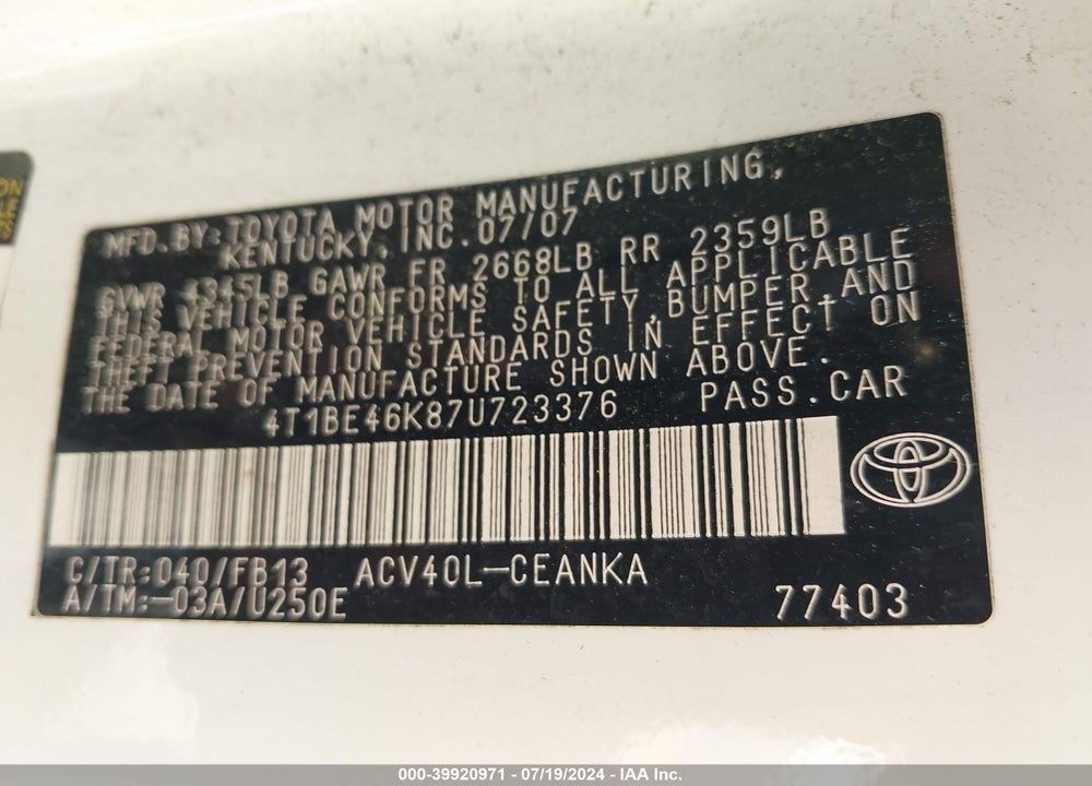 2007 TOYOTA CAMRY LE VIN: 4T1BE46K87U723376