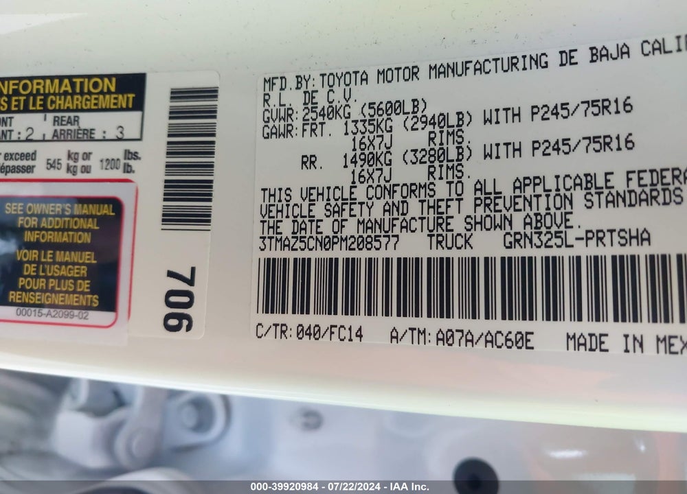 2023 TOYOTA TACOMA SR5 V6 VIN: 3TMAZ5CN0PM208577