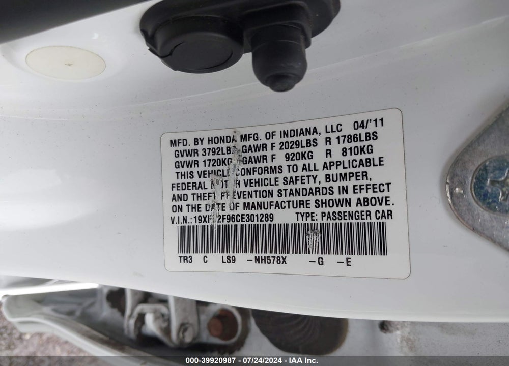 2012 HONDA CIVIC EX-L VIN: 19XFB2F96CE301289