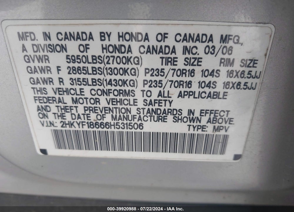 2006 HONDA PILOT EX-L VIN: 2HKYF18666H531506