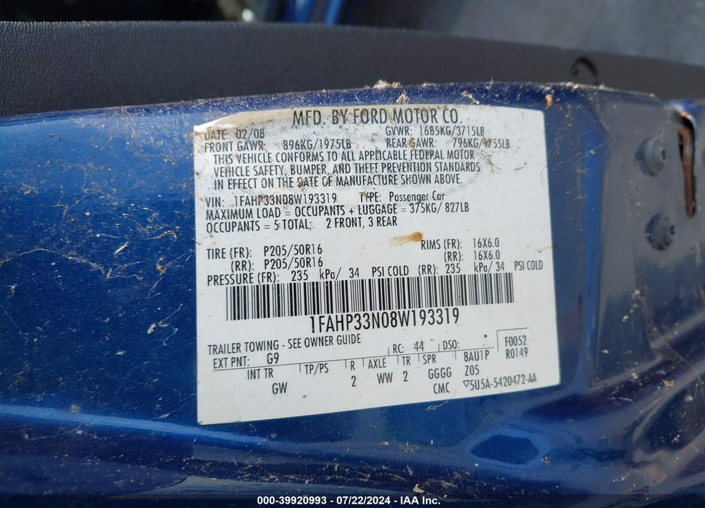 2008 FORD FOCUS SE/SES VIN: 1FAHP33N08W193319