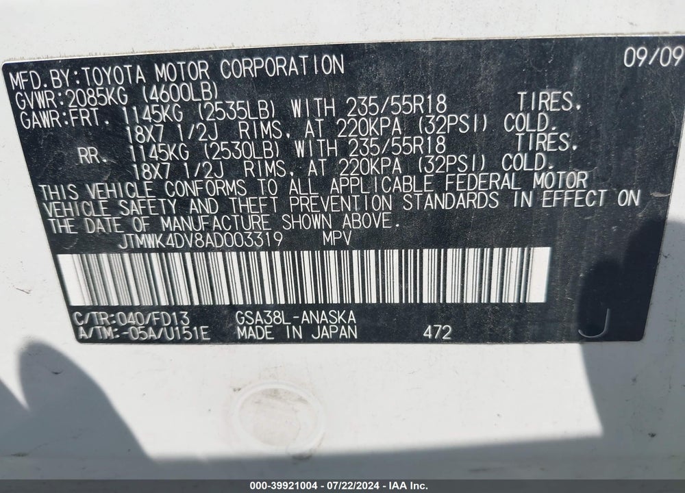 2010 TOYOTA RAV4 SPORT V6 VIN: JTMWK4DV8AD003319