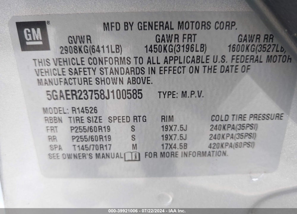 2008 BUICK ENCLAVE CXL VIN: 5GAER23758J100585