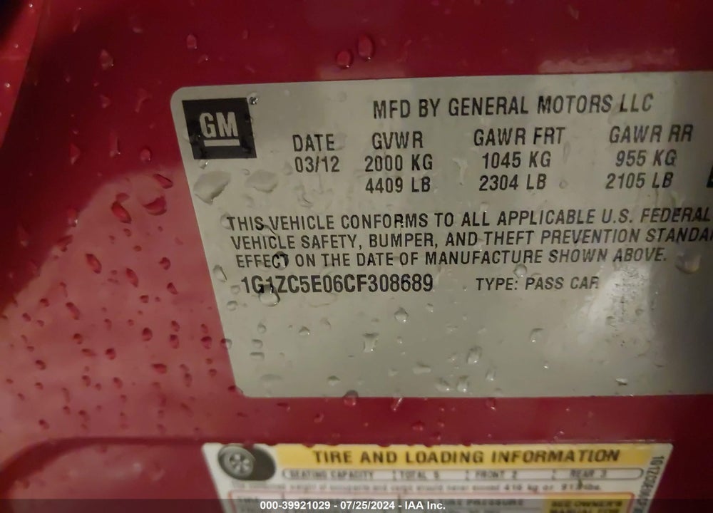 2012 CHEVROLET MALIBU 1LT VIN: 1G1ZC5E06CF308689