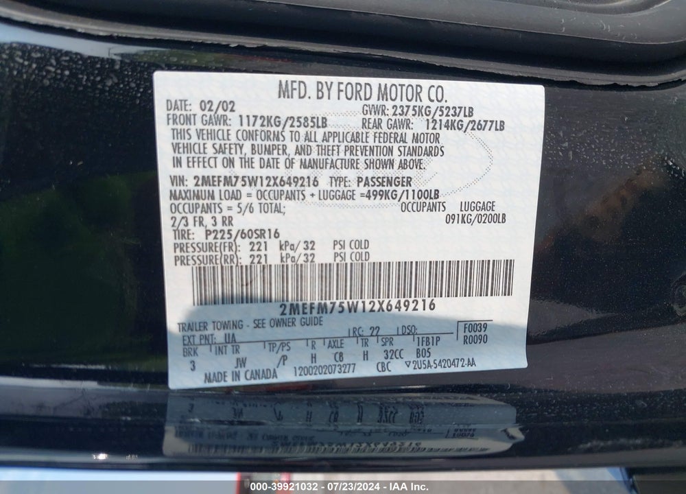 2002 MERCURY GRAND MARQUIS LS VIN: 2MEFM75W12X649216