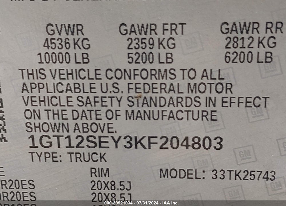 2019 GMC SIERRA 2500HD DENALI VIN: 1GT12SEY3KF204803