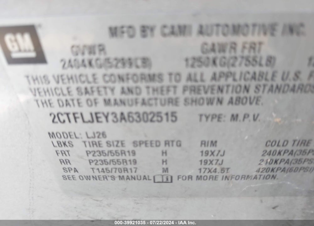 2010 GMC TERRAIN SLT-2 VIN: 2CTFLJEY3A6302515