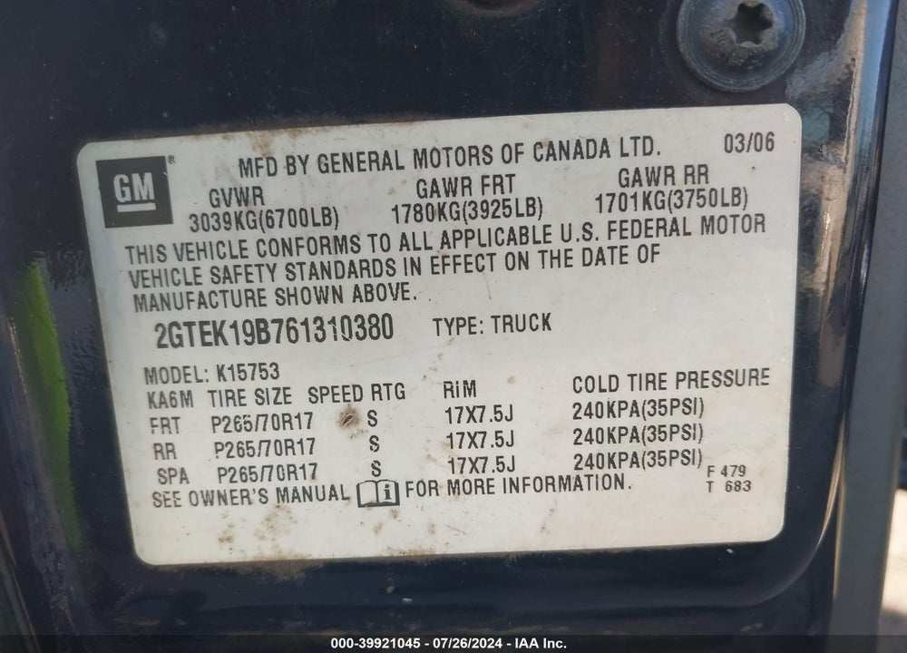 2006 GMC SIERRA 1500 SLE1 VIN: 2GTEK19B761310380