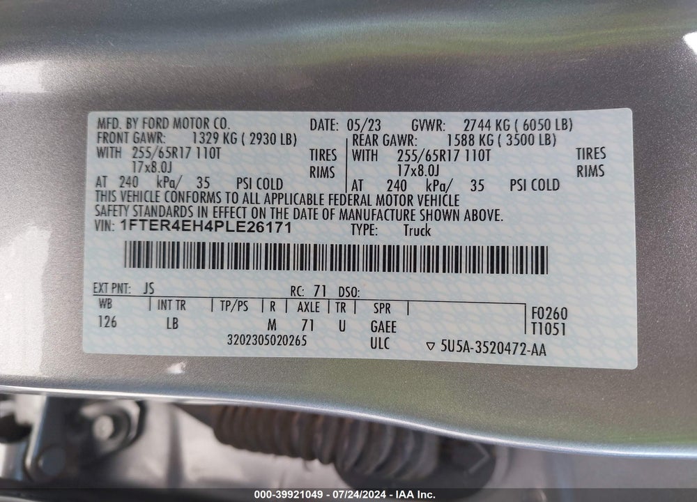 2023 FORD RANGER XLT VIN: 1FTER4EH4PLE26171