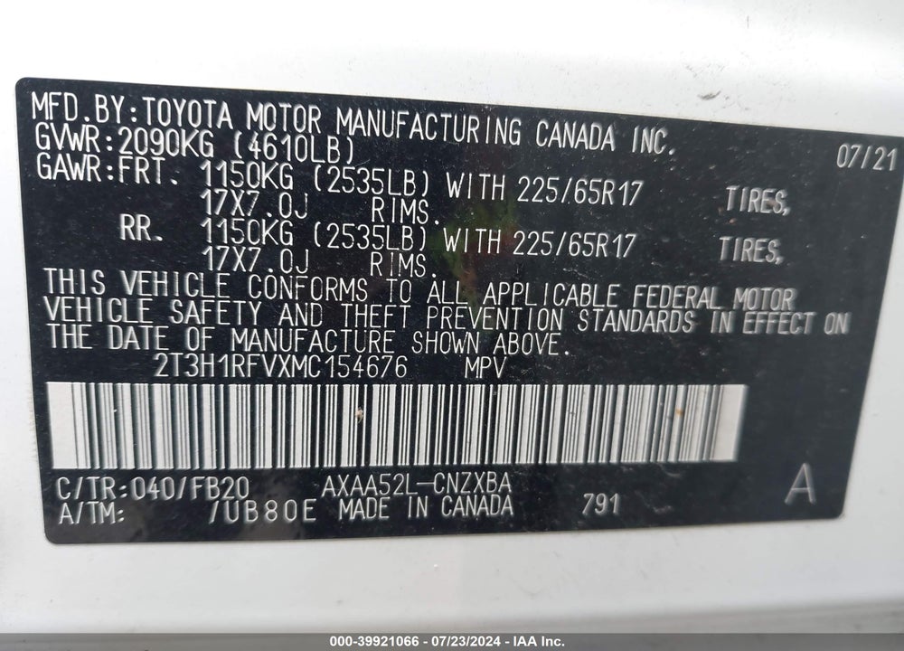2021 TOYOTA RAV4 LE VIN: 2T3H1RFVXMC154676