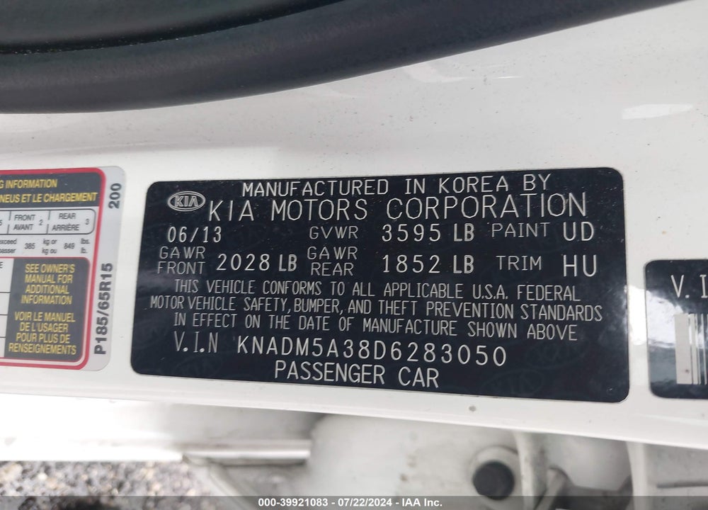 2013 KIA RIO LX VIN: KNADM5A38D6283050