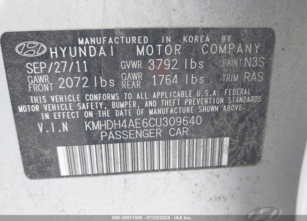 2012 HYUNDAI ELANTRA GLS (ULSAN PLANT) VIN: KMHDH4AE6CU309640