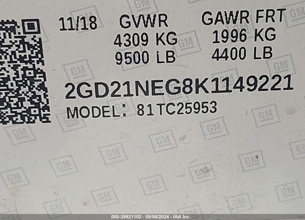2019 GMC SIERRA 2500HD VIN: 2GD21NEG8K1149221